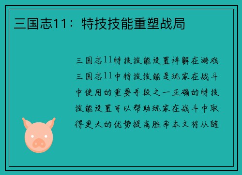 三国志11：特技技能重塑战局